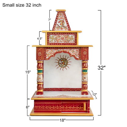 Side pillars and architectural detail of white marble pooja mandir