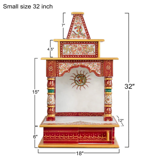Side pillars and architectural detail of white marble pooja mandir