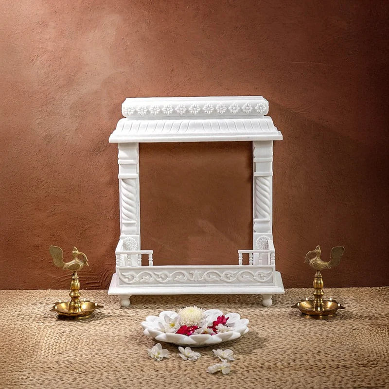 Front view of handcrafted white marble temple Anu design by Rajasthani Duniyaa