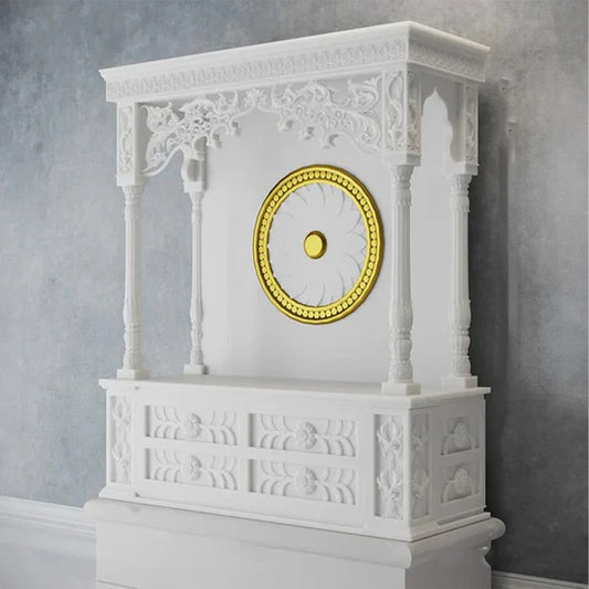 Front view of handcrafted white marble temple with chakra motif by Rajasthani Duniyaa