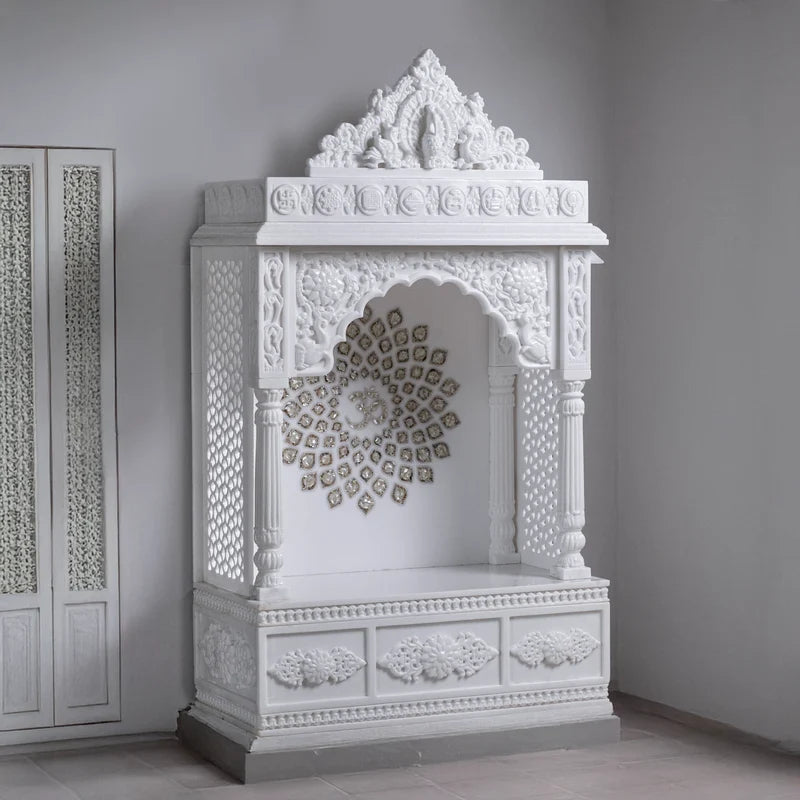 Front view of handcrafted white marble temple with golden chakra by Rajasthani Duniyaa