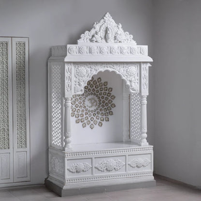 Front view of handcrafted white marble temple with golden chakra by Rajasthani Duniyaa