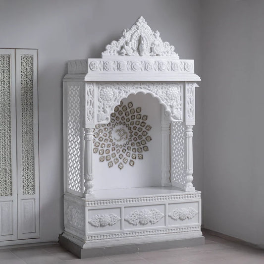 Front view of handcrafted white marble temple with golden chakra by Rajasthani Duniyaa