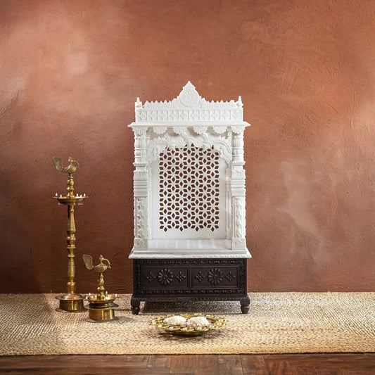 Front view of handcrafted white marble temple Saral design by Rajasthani Duniyaa