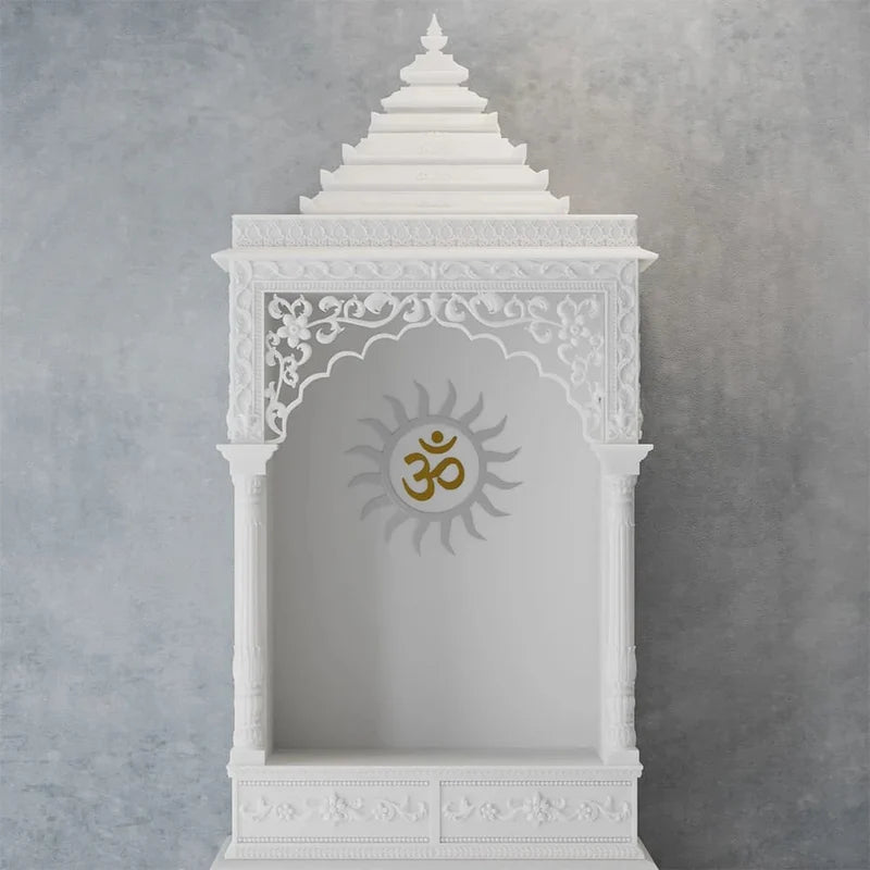Front view of handcrafted white marble temple with Surya motif by Rajasthani Duniyaa