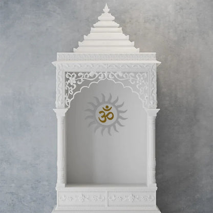 Front view of handcrafted white marble temple with Surya motif by Rajasthani Duniyaa