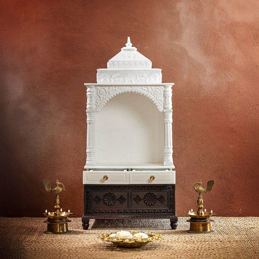 Front view of handcrafted white marble temple with toran design by Rajasthani Duniyaa