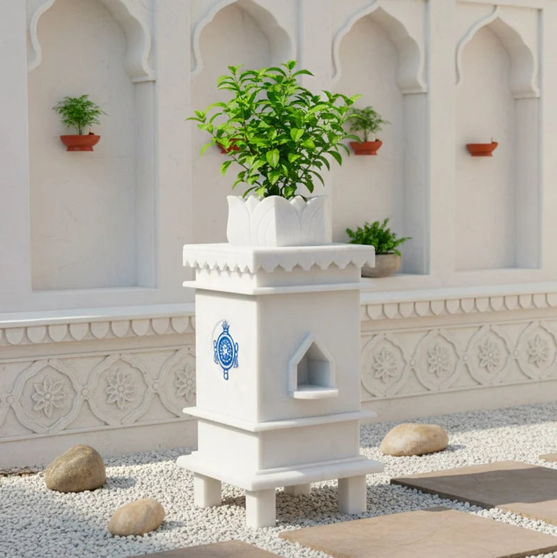 Front view of handcrafted white marble Tulsi pot with 3 symbol design by Rajasthani Duniyaa