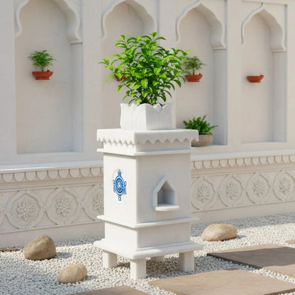 Front view of handcrafted white marble Tulsi pot with 3 symbol design by Rajasthani Duniyaa