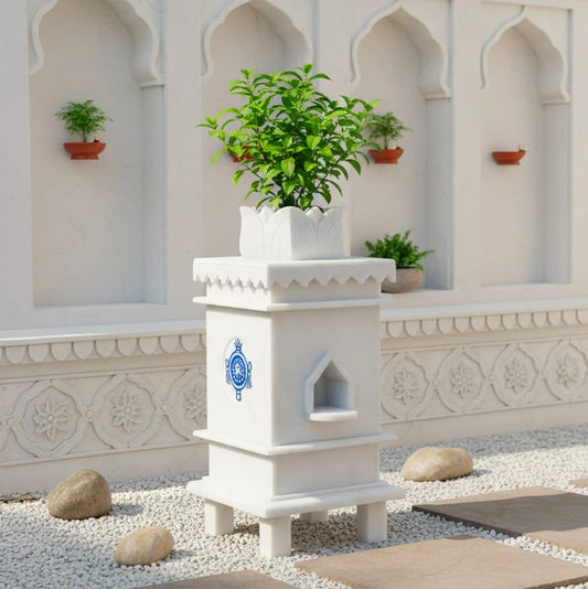 Front view of handcrafted white marble Tulsi pot with 3 symbol design by Rajasthani Duniyaa