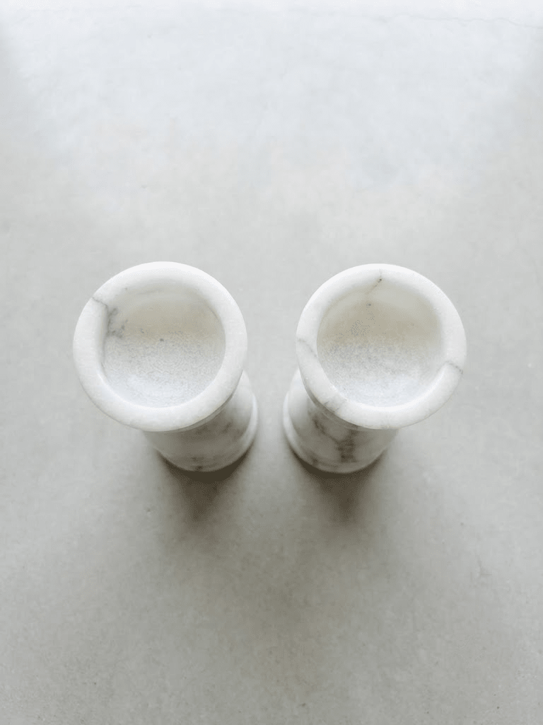 Solid polished premium white marble stone carved into a traditional pillar diya set