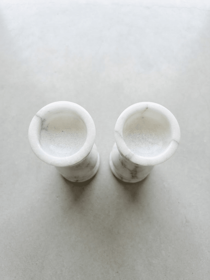 Solid polished premium white marble stone carved into a traditional pillar diya set