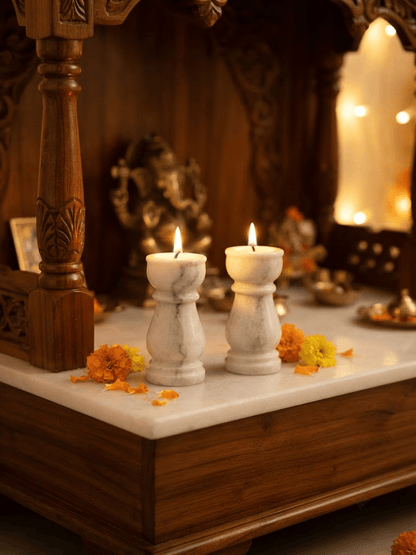 Solid polished premium white marble stone carved into a traditional pillar diya set