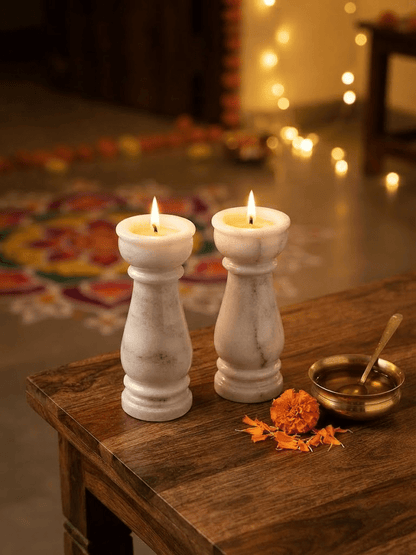 Handcrafted natural white marble pillar diya set stone deepam for temple decor