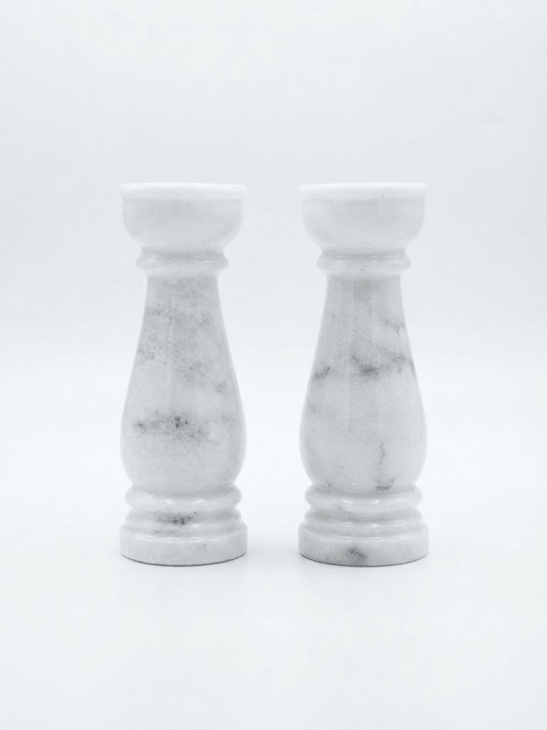 Solid polished premium white marble stone carved into a traditional pillar diya set