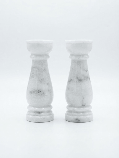 Solid polished premium white marble stone carved into a traditional pillar diya set