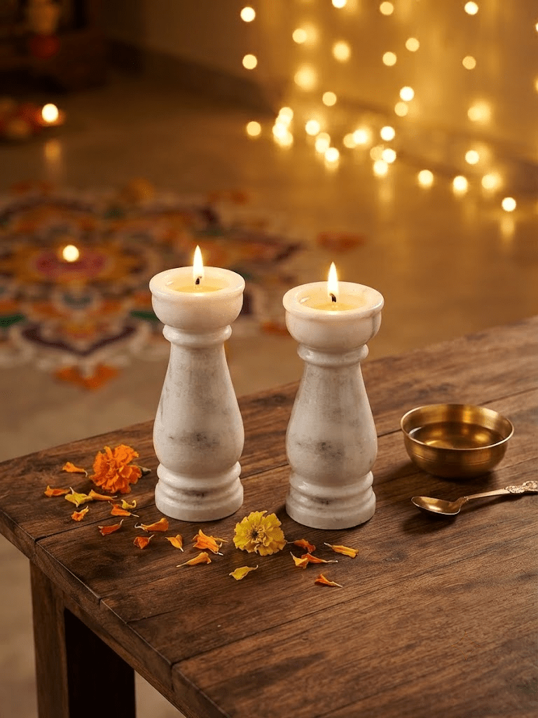 Solid polished premium white marble stone carved into a traditional pillar diya set