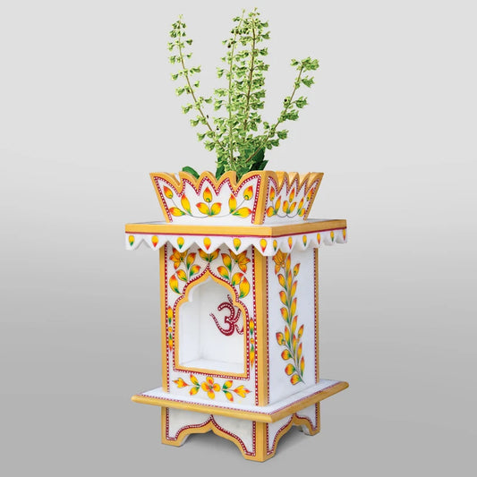 Front view of handcrafted traditional painted marble Tulsi pot by Rajasthani Duniyaa