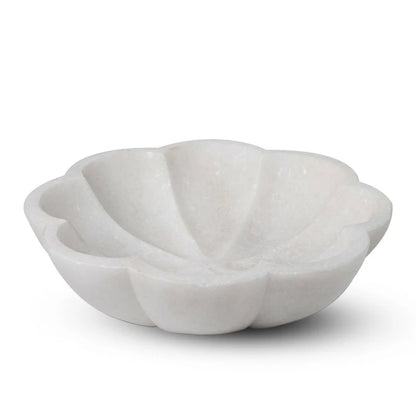 Side profile and depth detail of natural white marble kitchen fruit bowl