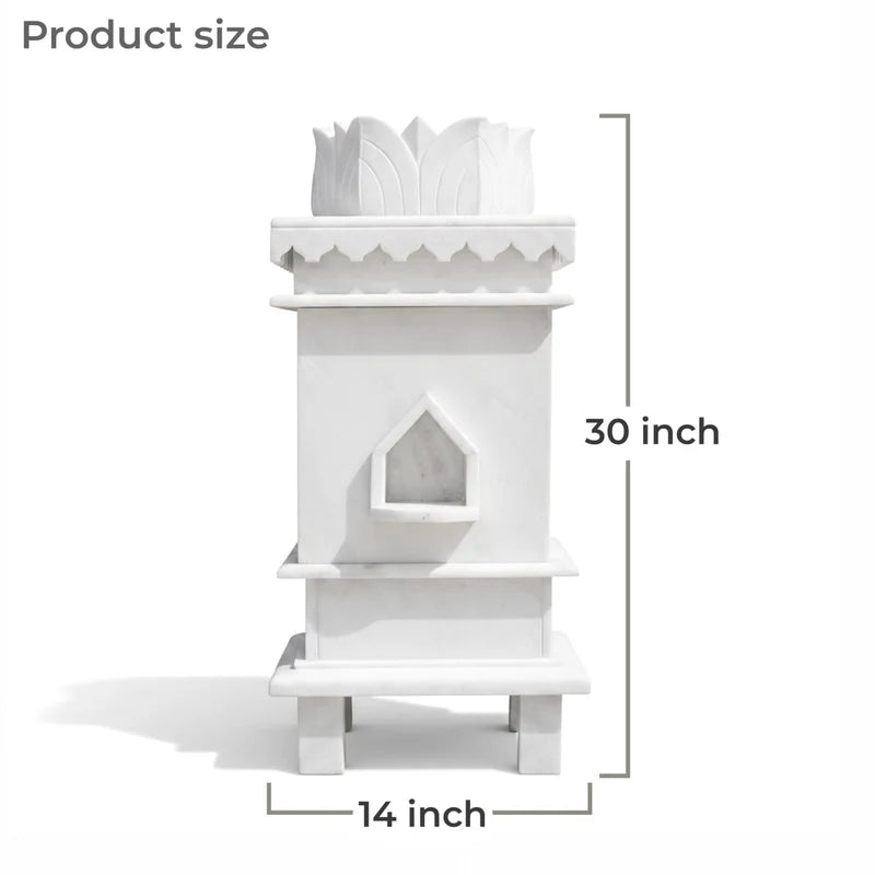 White marble Tulsi pot with 3 symbols placed for balcony and courtyard decor
