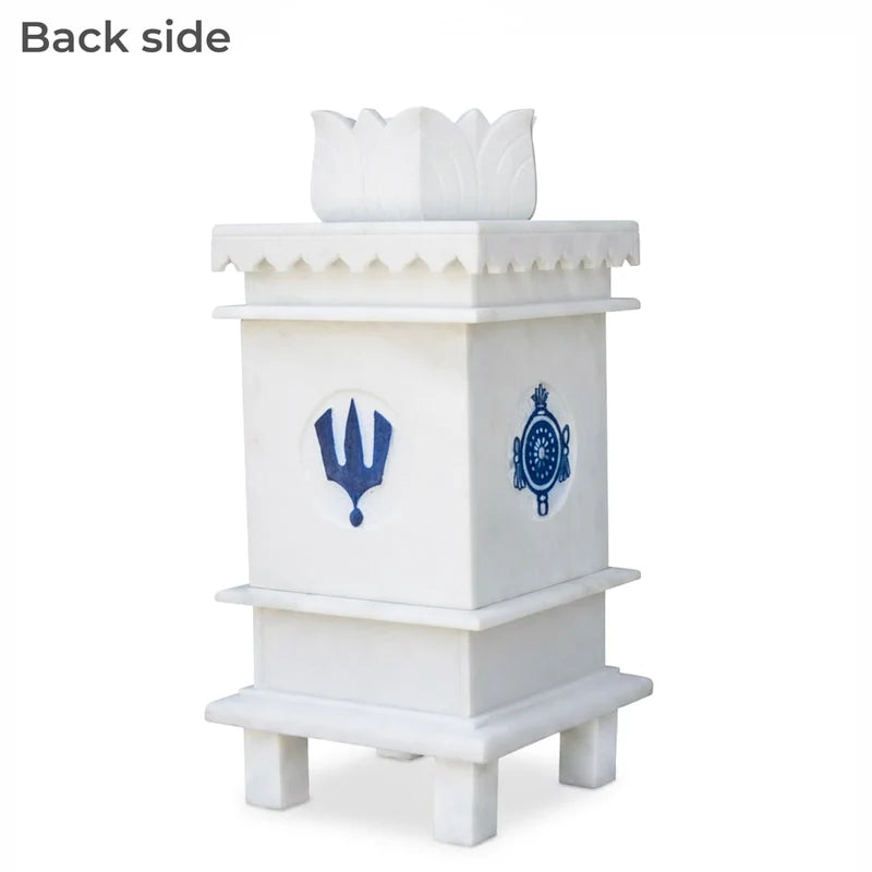 White marble Tulsi pot with 3 symbols placed for balcony and courtyard decor