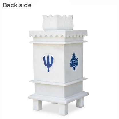 White marble Tulsi pot with 3 symbols placed for balcony and courtyard decor