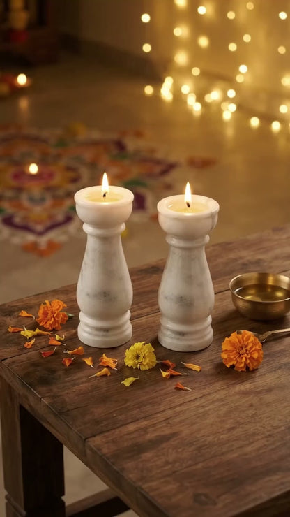 Handcrafted White Marble Pillar Diya Set (Stone Deepam)