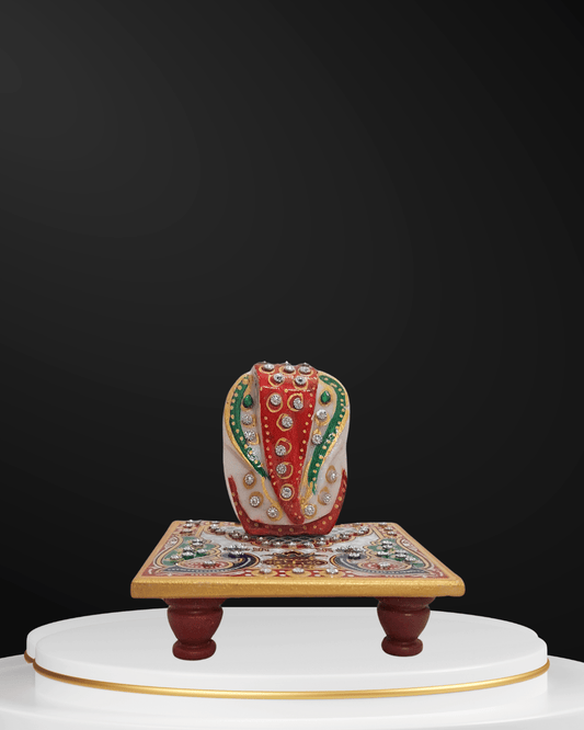 Handcrafted 4x4 inch marble chowki with pure marble Ganesh idol traditional pooja decor