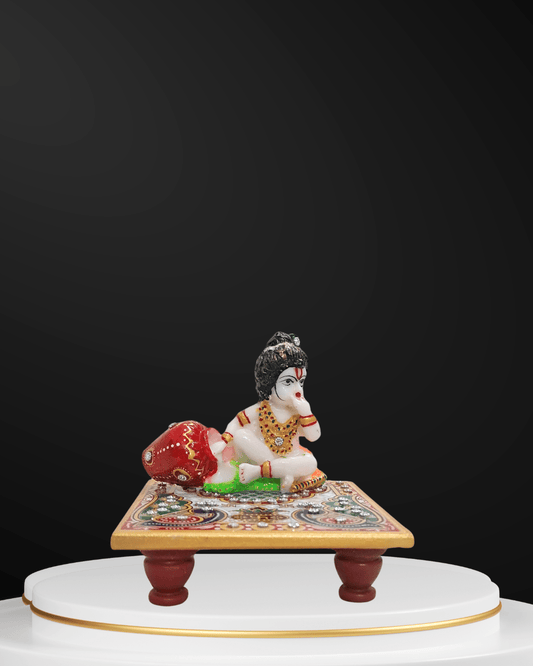 Handcrafted 4x4 inch marble chowki with premium resin Bal Gopal idol divine decor for home mandir