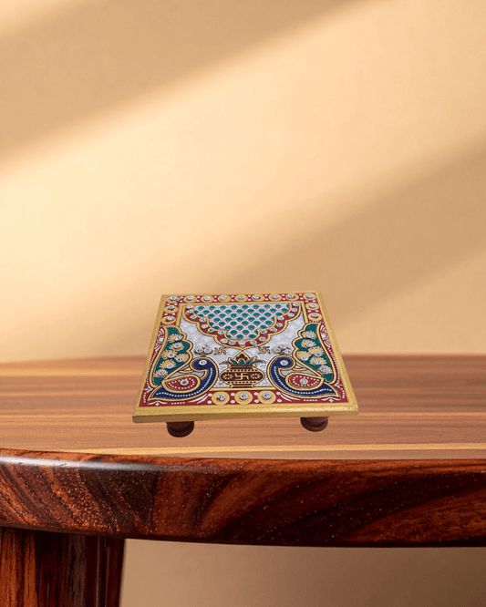 Handcrafted 4x4 inch marble chowki with premium resin Bal Gopal idol divine decor for home mandir