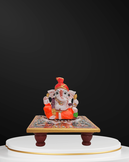 Handcrafted 4x4 inch marble chowki with premium resin Ganesh idol compact spiritual decor