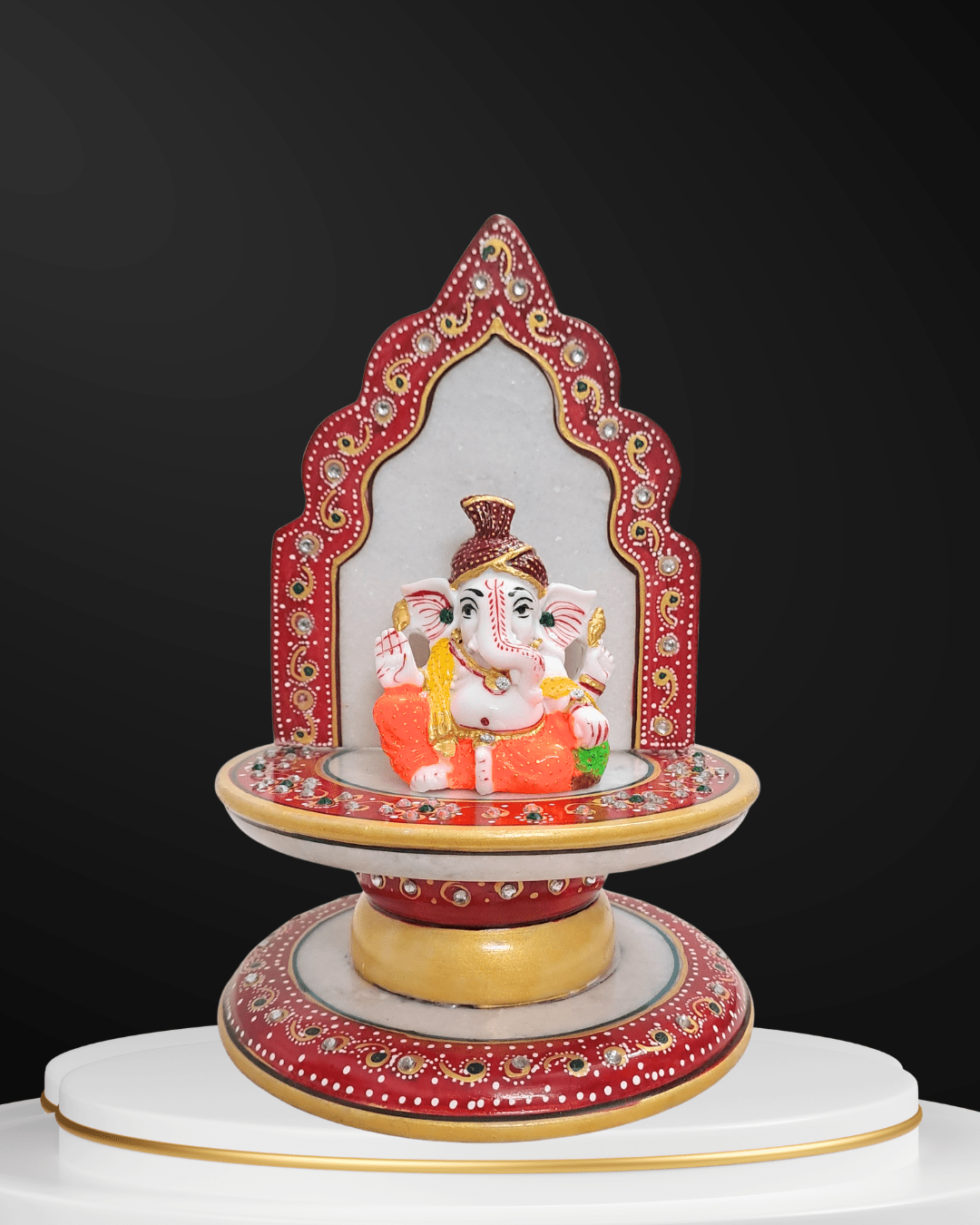 Handcrafted 7-inch marble singhasan with premium resin Ganesh idol decorative pooja set