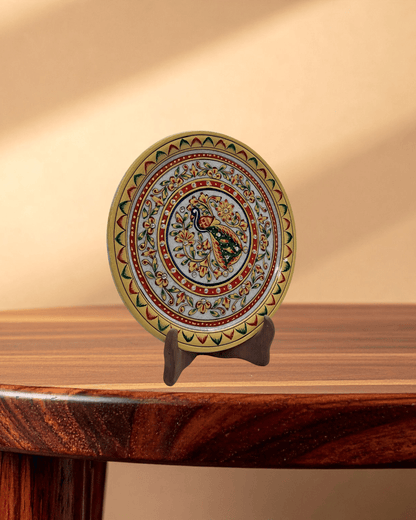 Handcrafted 9-inch decorative marble plate with vibrant peacock medallion design for home decor
