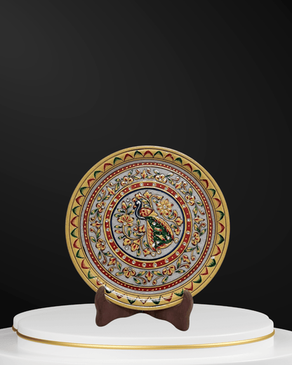 Handcrafted 9-inch decorative marble plate with vibrant peacock medallion design for home decor