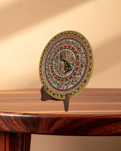 Handcrafted 9-inch decorative marble plate with vibrant peacock medallion design for home decor