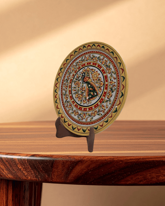 Handcrafted 9-inch decorative marble plate with vibrant peacock medallion design for home decor