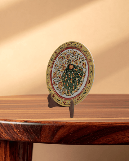 Handcrafted 9-inch designer marble plate with classic peacock heritage art for home decor