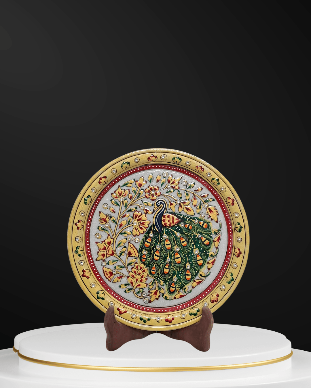 Handcrafted 9-inch designer marble plate with classic peacock heritage art for home decor