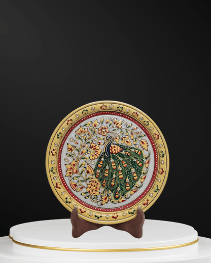 Handcrafted 9-inch designer marble plate with classic peacock heritage art for home decor