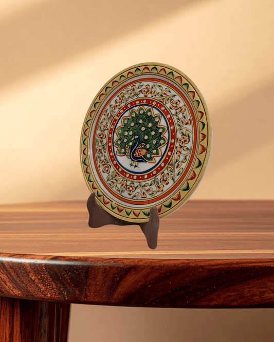 Rajasthani Duniyaa 9-Inch Handcrafted Marble Plate – Royal Peacock Glory - Rajasthaniduniyaa