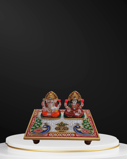 Rajasthani Duniyaa Laxmi Ganesh Resin Murti on 6x4 Inch Marble Chowk - Rajasthaniduniyaa