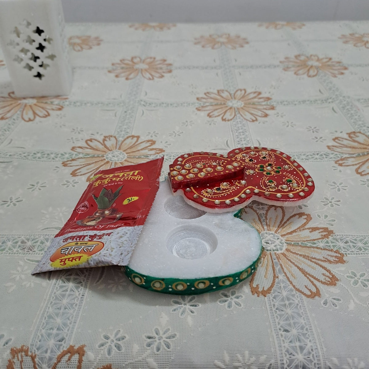 Handcrafted 5 inch Ganesha shaped marble tilak chopda kumkum and roli holder for pooja