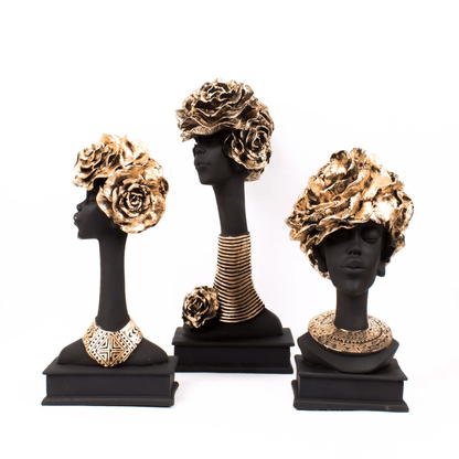 Handcrafted African lady showpiece sculptures with gold accents set of 3 for home decor