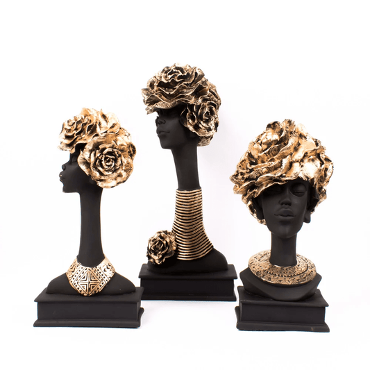 Handcrafted African lady showpiece sculptures with gold accents set of 3 for home decor