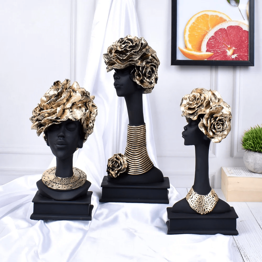 Handcrafted African lady showpiece sculptures with gold accents set of 3 for home decor
