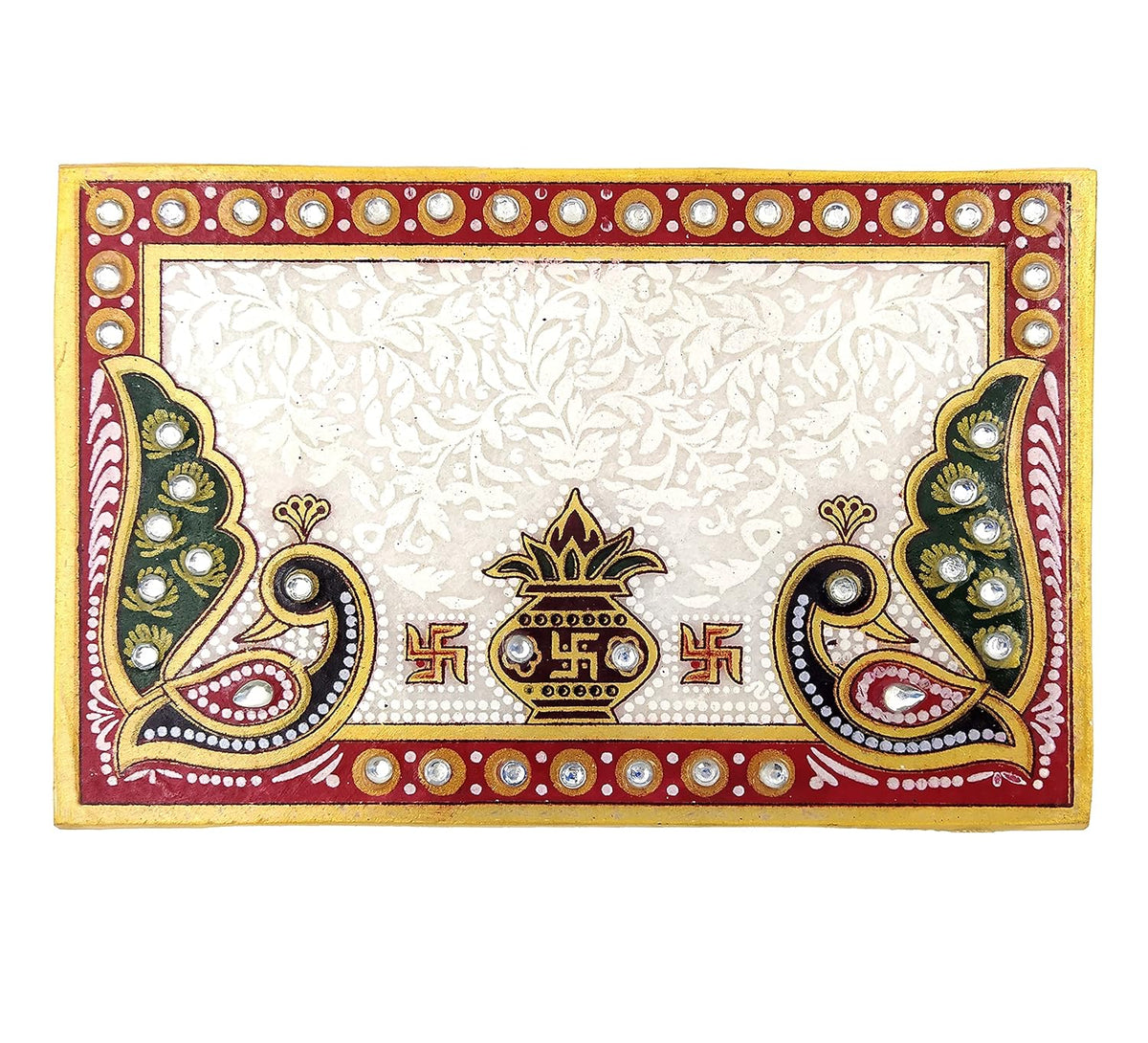 Handcrafted 6x4 inch rectangular Makrana marble pooja chowki bajot with kalash and peacock design