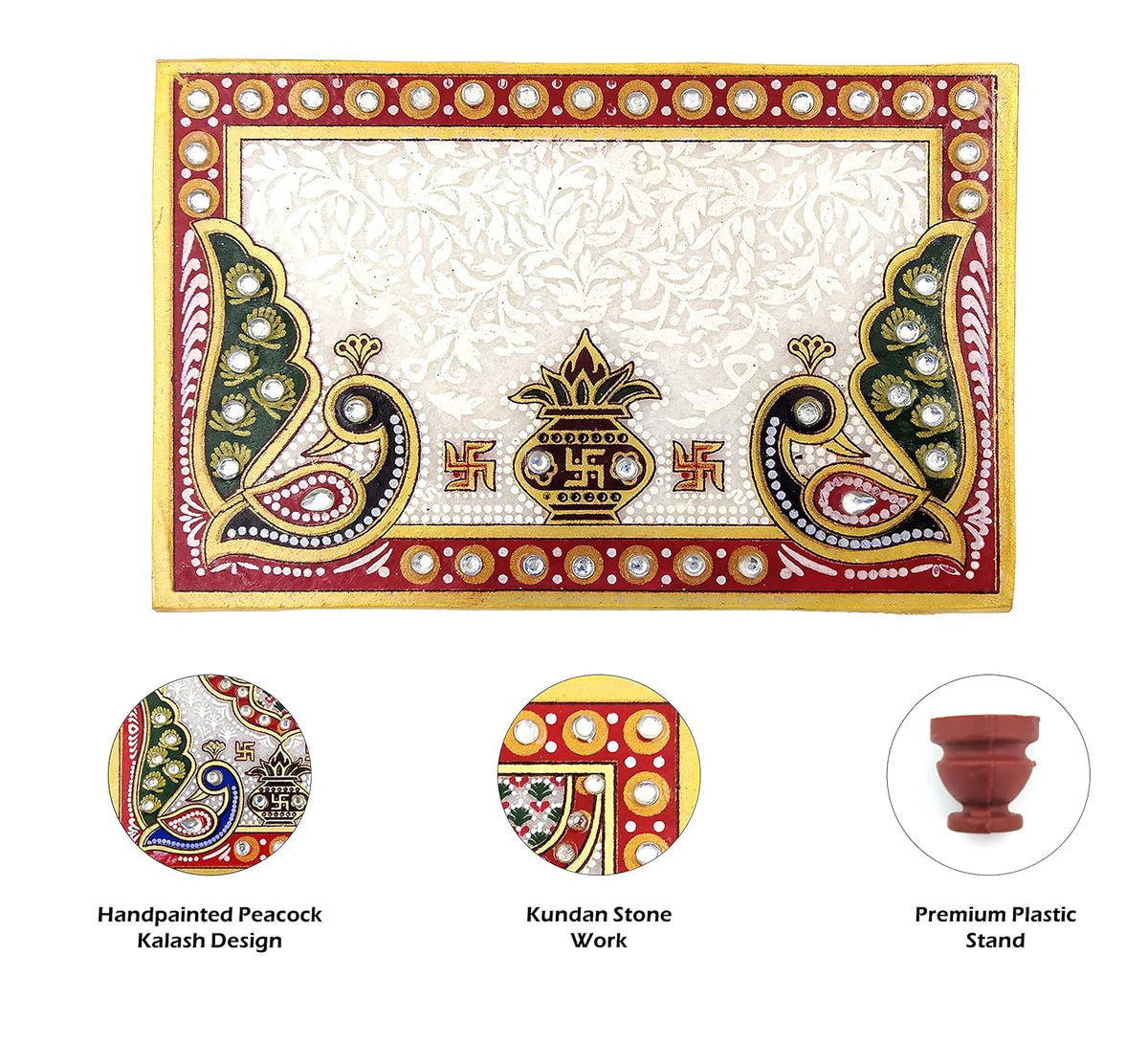 Handcrafted 6x4 inch rectangular Makrana marble pooja chowki bajot with kalash and peacock design