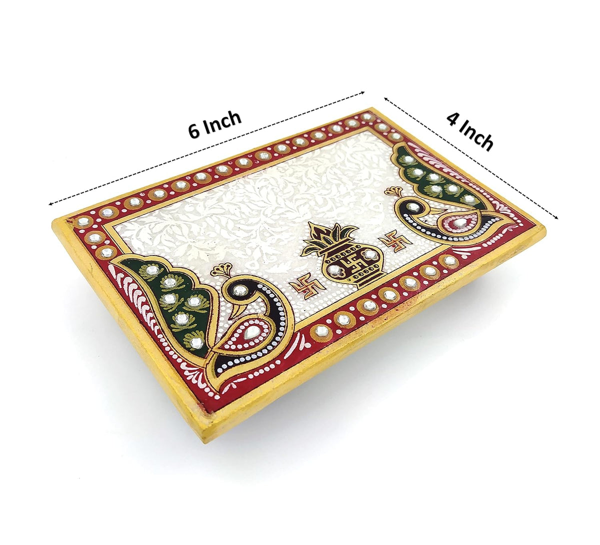 Handcrafted 6x4 inch rectangular Makrana marble pooja chowki bajot with kalash and peacock design