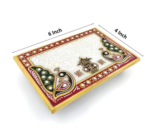 Handcrafted 6x4 inch rectangular Makrana marble pooja chowki bajot with kalash and peacock design