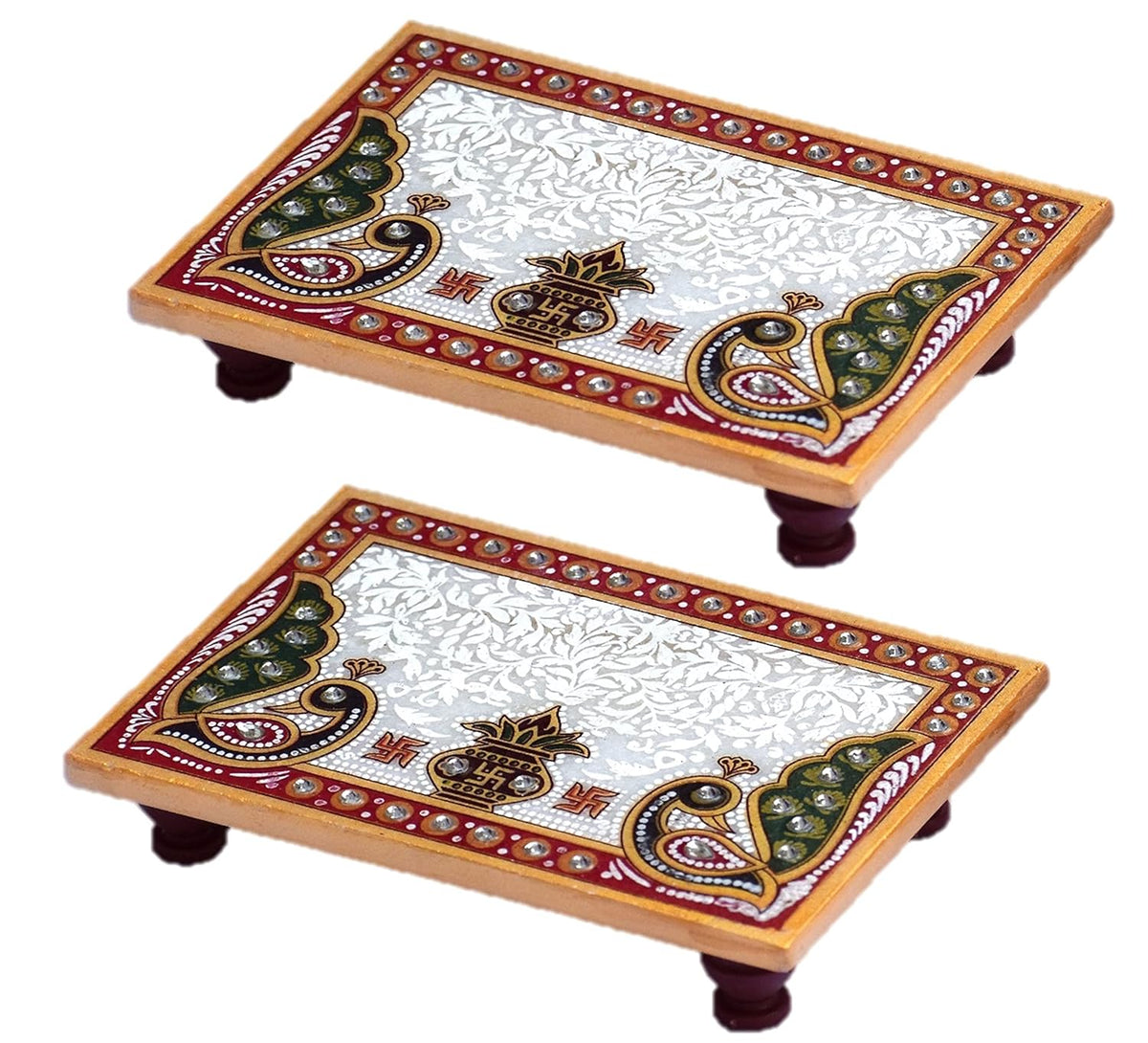 Handcrafted 6x4 inch rectangular Makrana marble pooja chowki bajot with kalash and peacock design